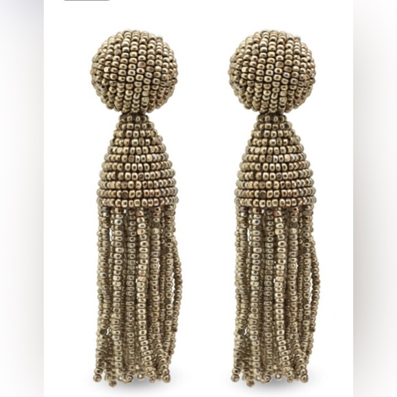 OSCAR DE LA RENTA Gold Short Beaded Tassel Earrings 345$ - Picture 2 of 3
